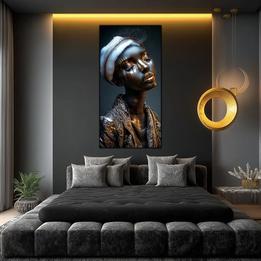 Tablou living de lux Contemplare Interioară sticlă securizată – dormitor dark-modern cu iluminare LED aurie și pandantive circulare