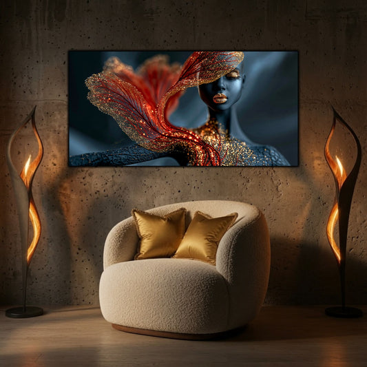 Tabloul decorativ Burning Veil completează un living modern prin contraste rafinate, reflexii aurii și forme eterice inspirate de lumină.