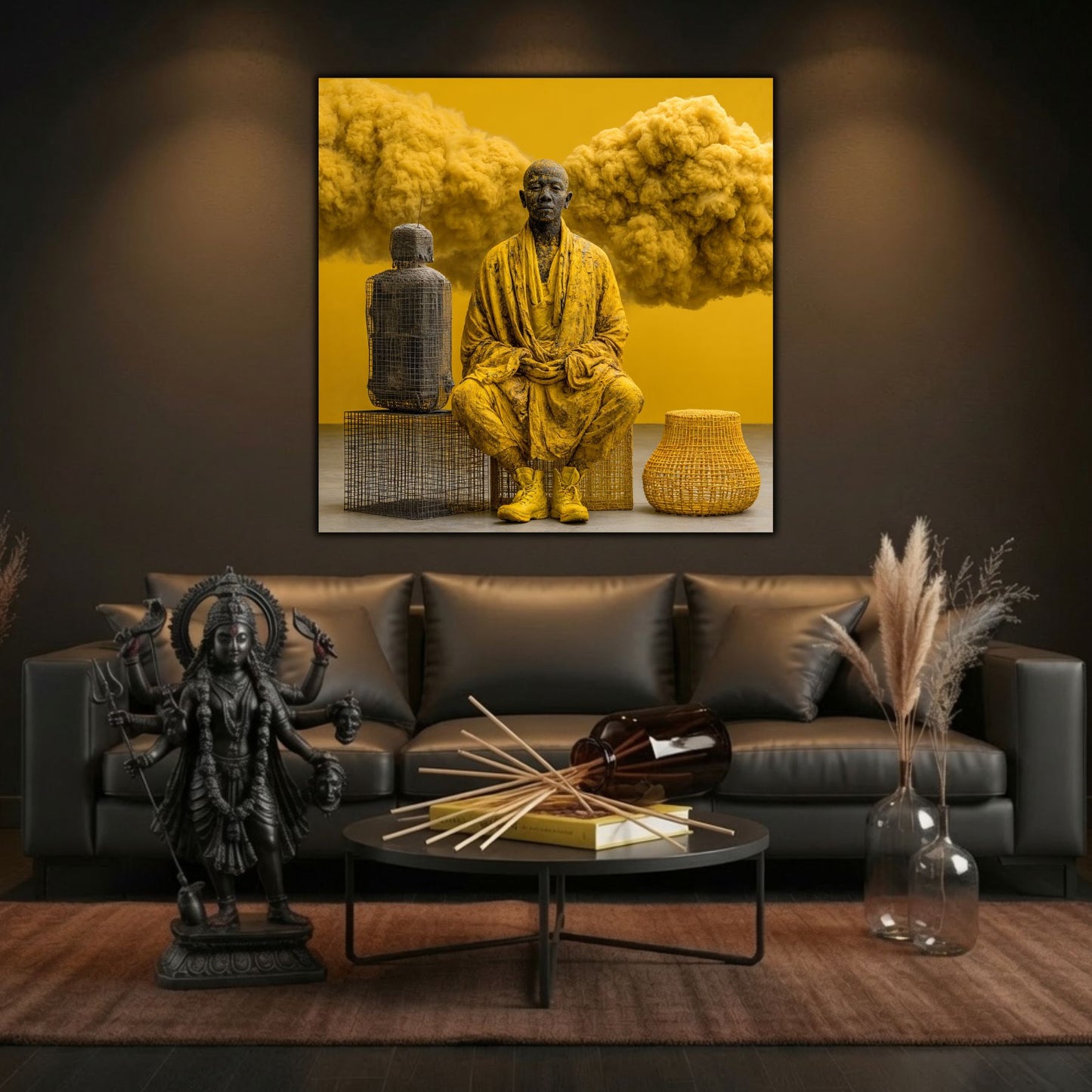 Tablou pe sticlă ultra-clară Lângă Umbra Mea, intr-un living cu statueta Kali si betisoare parfumate