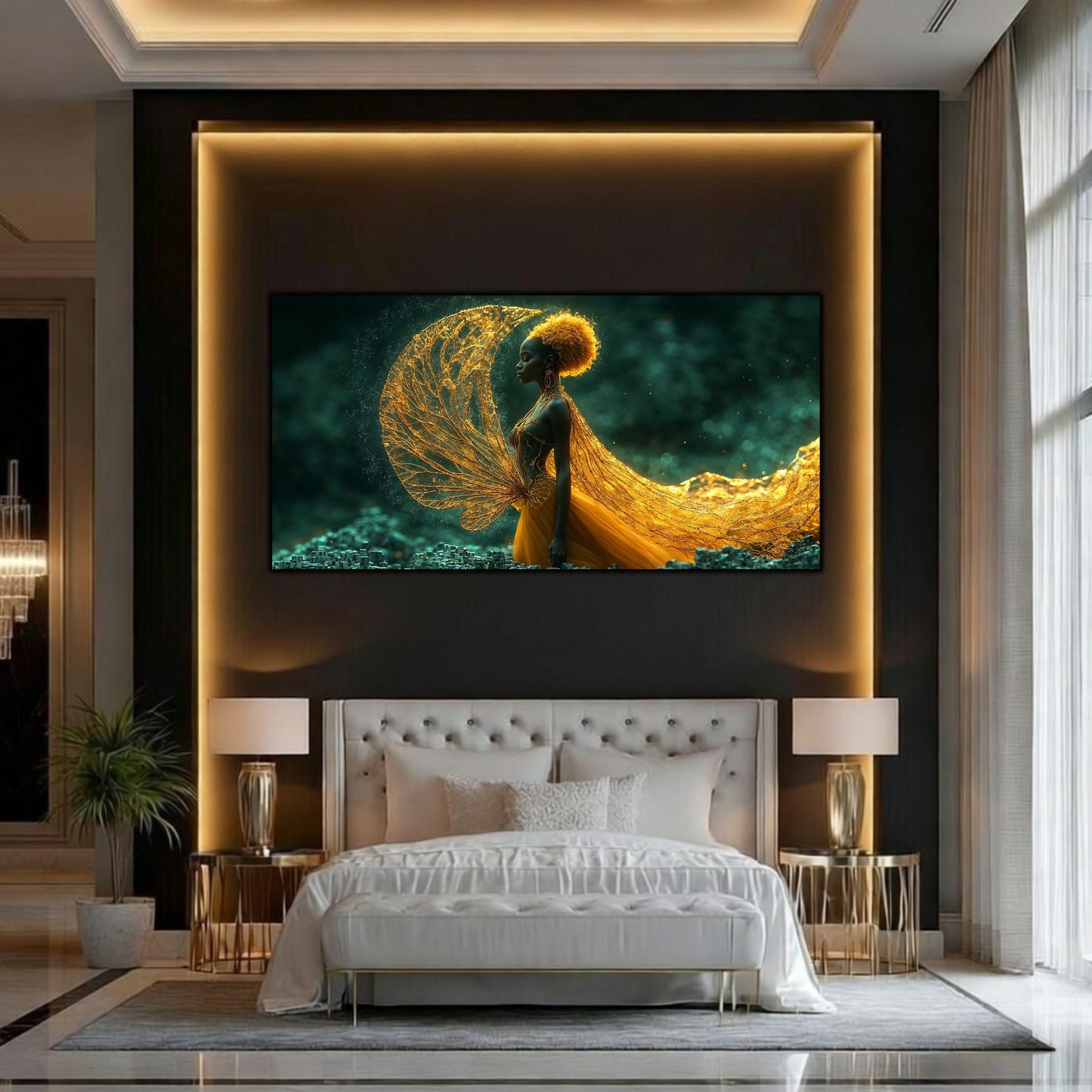 tablou living modern Gând Efemer – deasupra unui pat cu 2 lampi si perete iluminat led