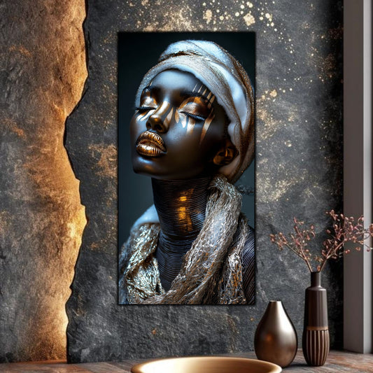 Tablou living Night Dream sticlă securizată – portret feminin negru-auriu, perete piatră brută cu vaze bronz