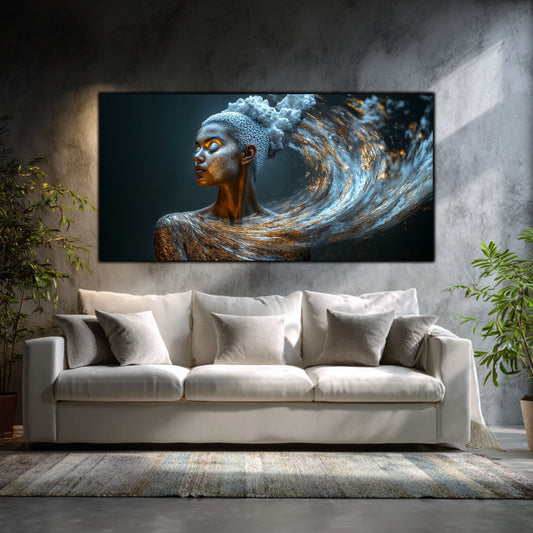 Decor din sticla assezat deasupra canapelei albe. Tablou din sticla cu impact emotional pentru design exclusivist.