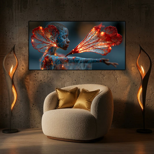 Tabloul decorativ Gentle Flame aduce eleganță și căldură unui living modern prin reflexii luminoase și detalii translucide.