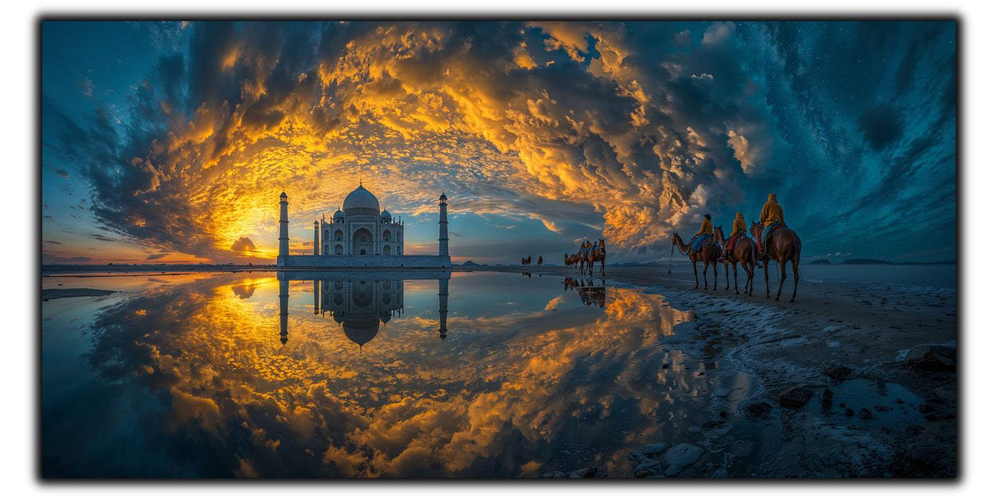 Tablou de mari dimensiuni pe sticla, cu apus feeric deasupra unei caravane care se indreapa spre Taj Mahal