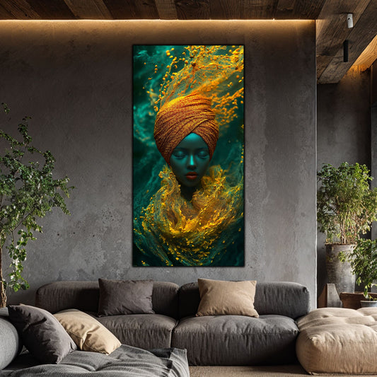 Tablou mare pentru sufragerie, design cinematic zen-luxury cu iluminare dramatică și culori oceanice.