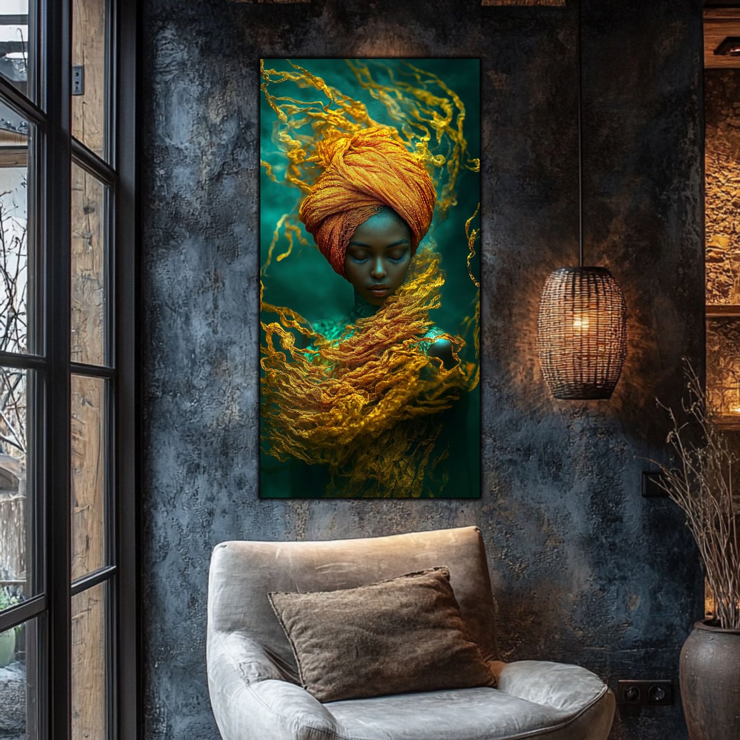 Tablou Living „Dansul Voalurilor de Smarald” – Artă pe Sticlă Securizată