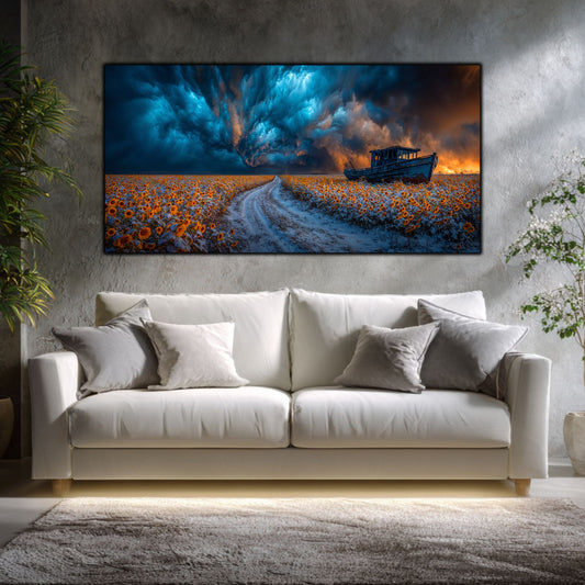 Tablou Sticla Securizata Paradoxul Supravietuirii: Corabia din Lanul de Floarea Soarelui | Editie Unicat