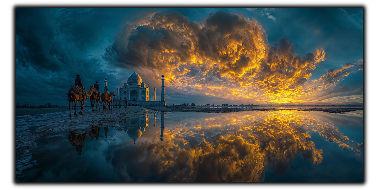 Tablu care poate fi pus in living, dar si in dormitor sau sufragerie, care revsa in camera lumina unui apus de soare reflectat in apa langa Taj Mahal