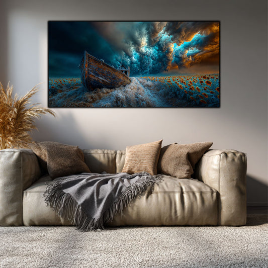 Tablou pe Sticlă Securizată "Barca Abandonată – Floarea-Soarelui a Speranței"