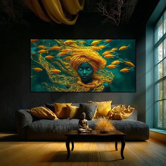 Tablou sticla securizata pentru decorul livingului cu portretul auriu al unei femei mediative scufundate