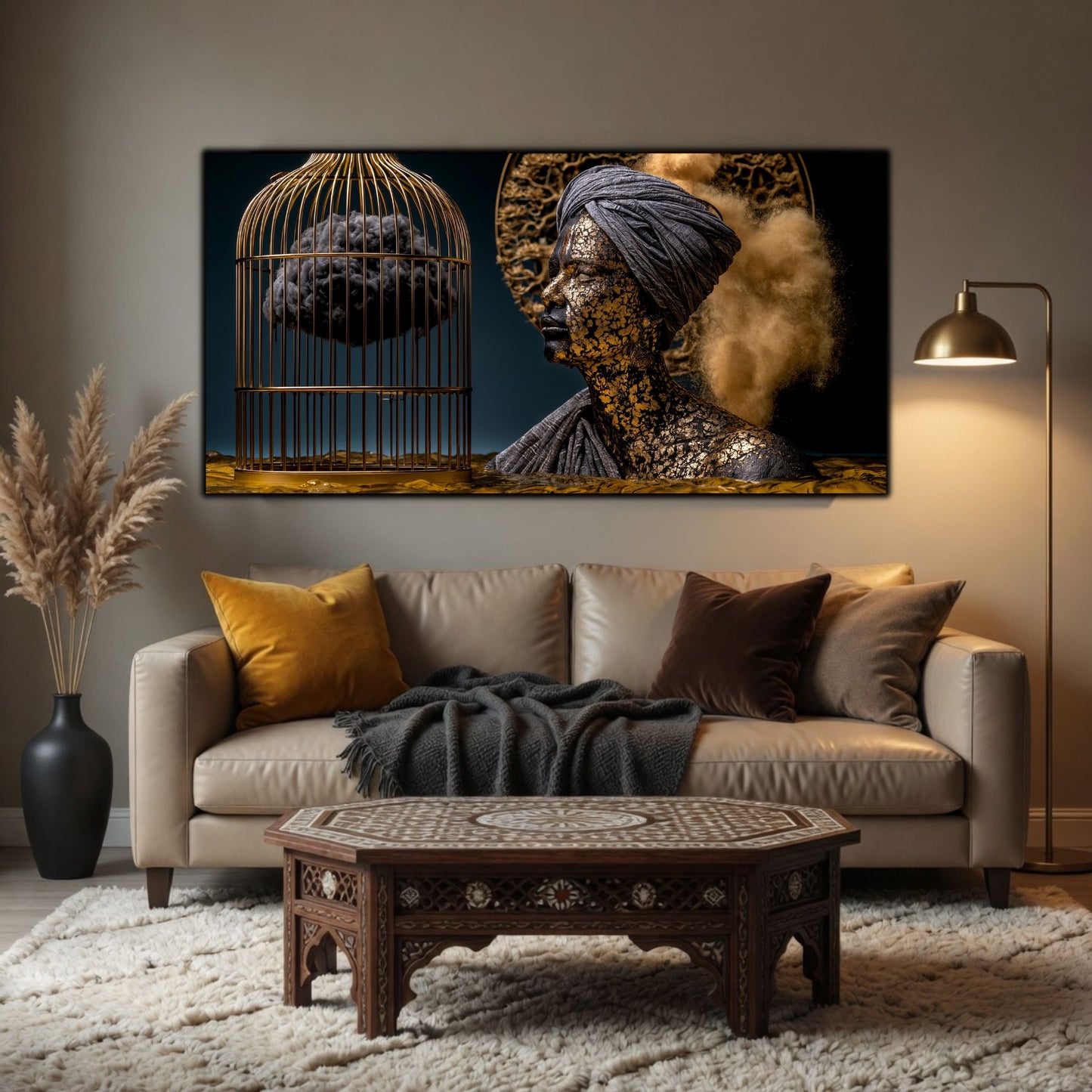 Tablou mare pentru sufragerie, design zen luxury cu iluminare cinematică și contrast profund.
