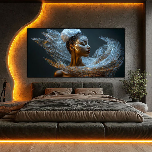 Tablou mare cu print uv de top cu chip meditativ ce ilumineaza livingul tau modern si devine astfel piesa centrala din decor.