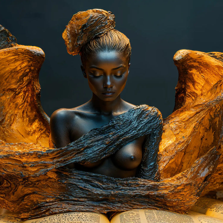 Tablou pentru sufragerie eleganta sau living modern, cu portret in culori caramel al unei femei meditand