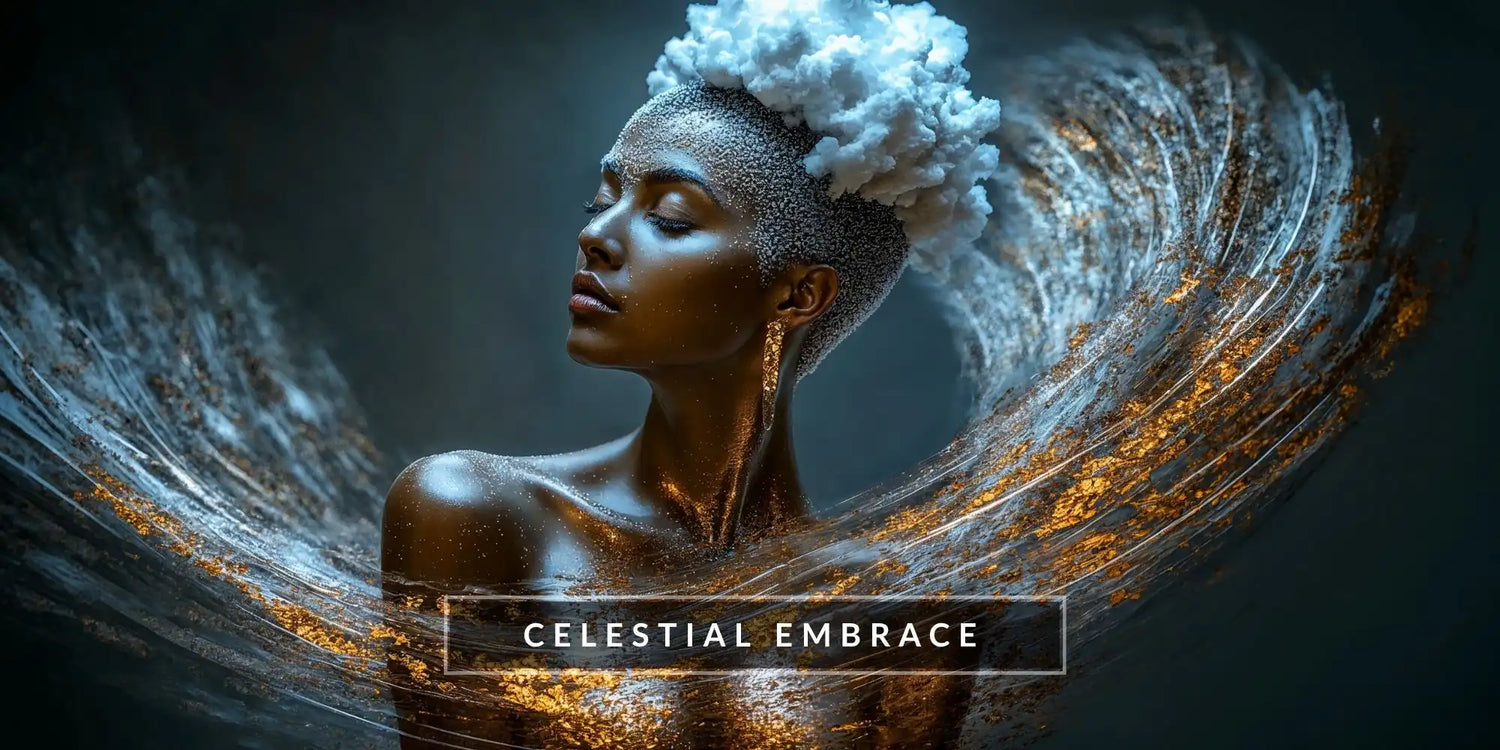 Tablouri decorative moderne pe sticlă securizată – portret feminin celest cu vârtej de argint și auriu, colecția Celestial Embrace, montat într-un dormitor de lux cu iluminat ambiental auriu și linie arhitecturală curbă