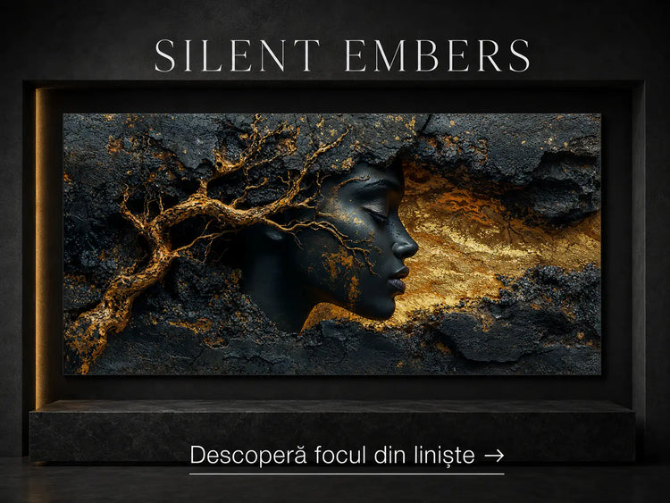 Tablou modern pentru living si sufragerie din colectia Silent Ember, printat uv pe sticla securizata, cu portret abstract feninin in nuante minerale de carbune si antracit si tonuri aurii.