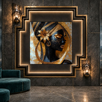 Tablou living Lotus Oracle ca punct focal într-un decor contemporan.