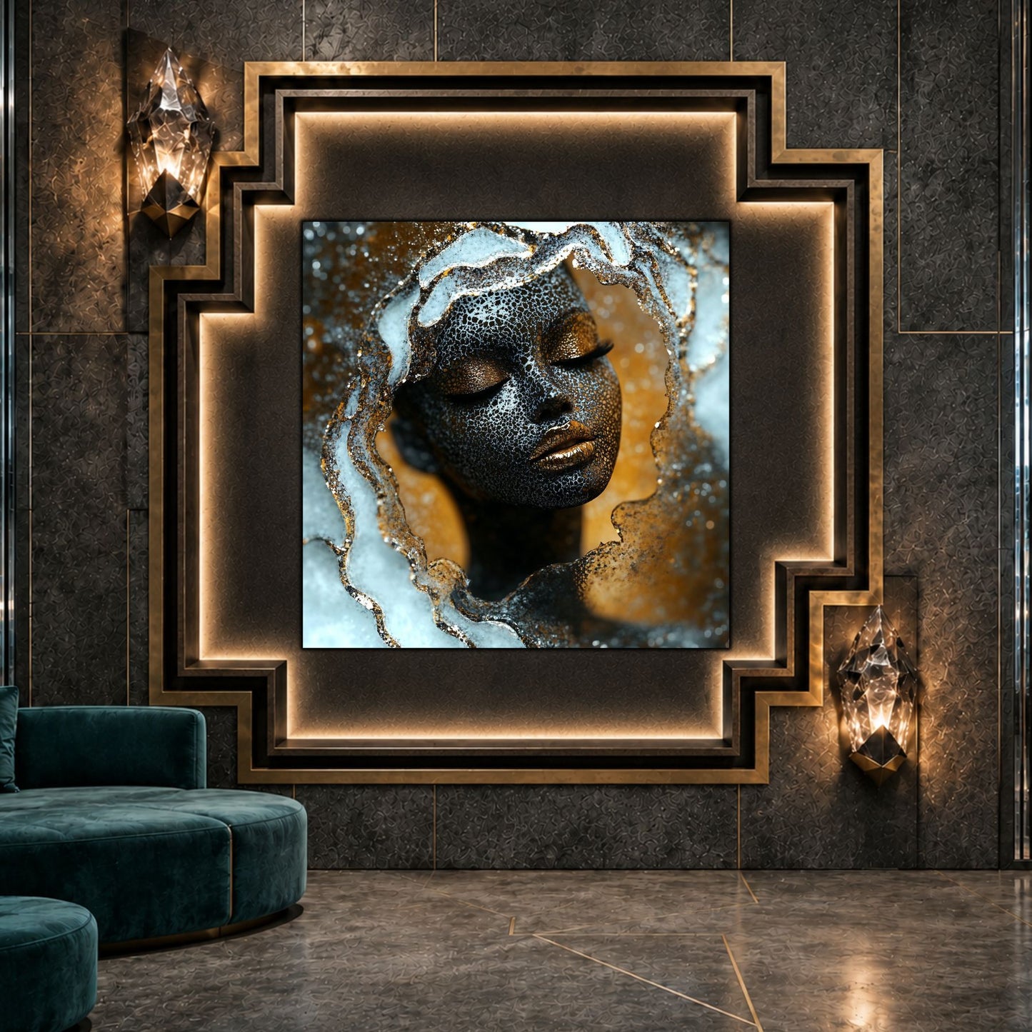 Tablou living Veil of Stillness ca punct focal într-un decor contemporan.