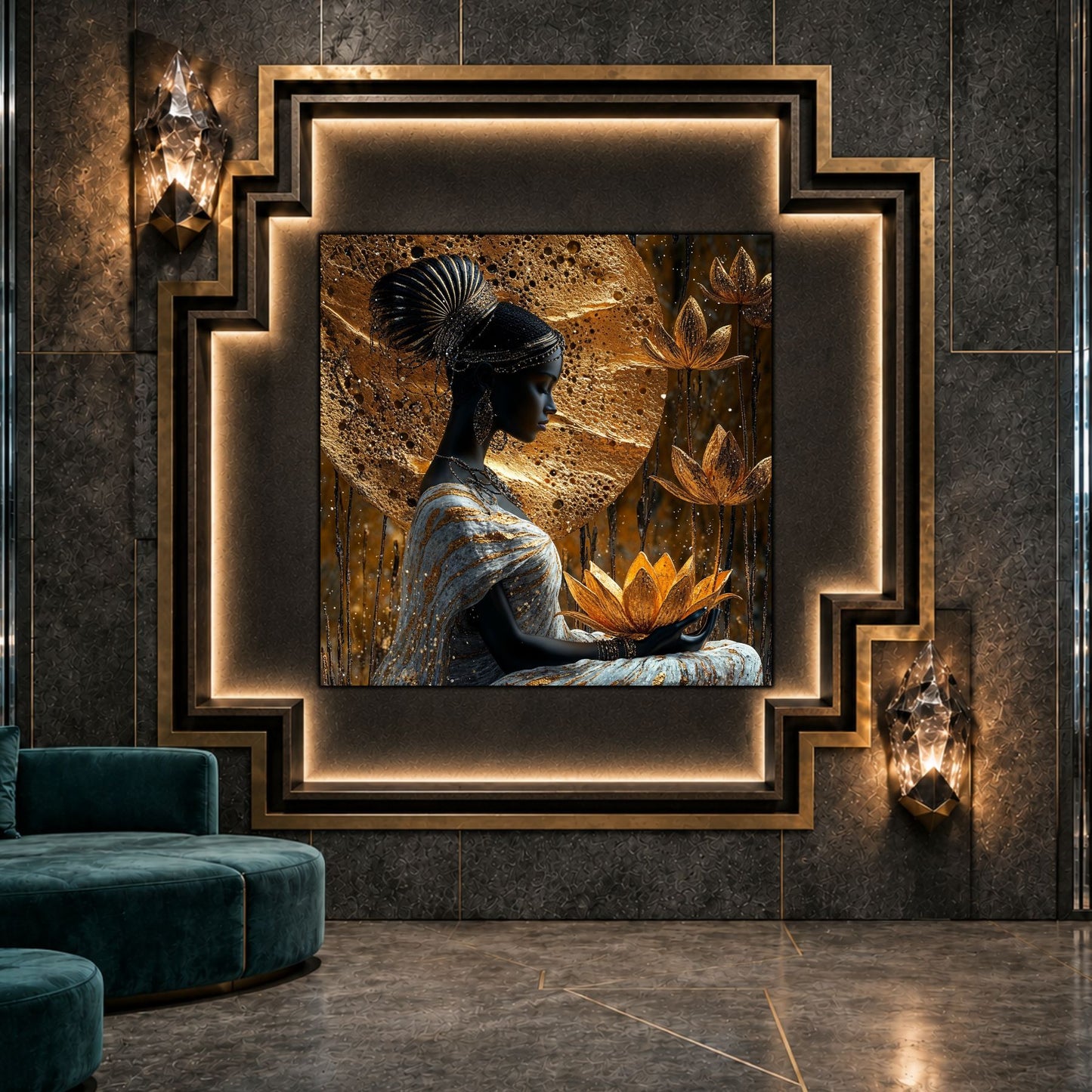 Tablou living Lotus Keeper ca punct focal într-un decor contemporan.