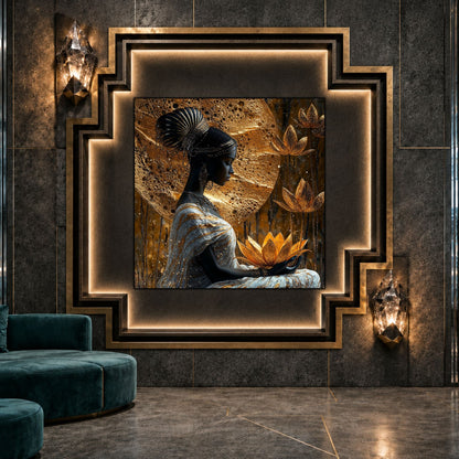 Tablou living Lotus Keeper ca punct focal într-un decor contemporan.