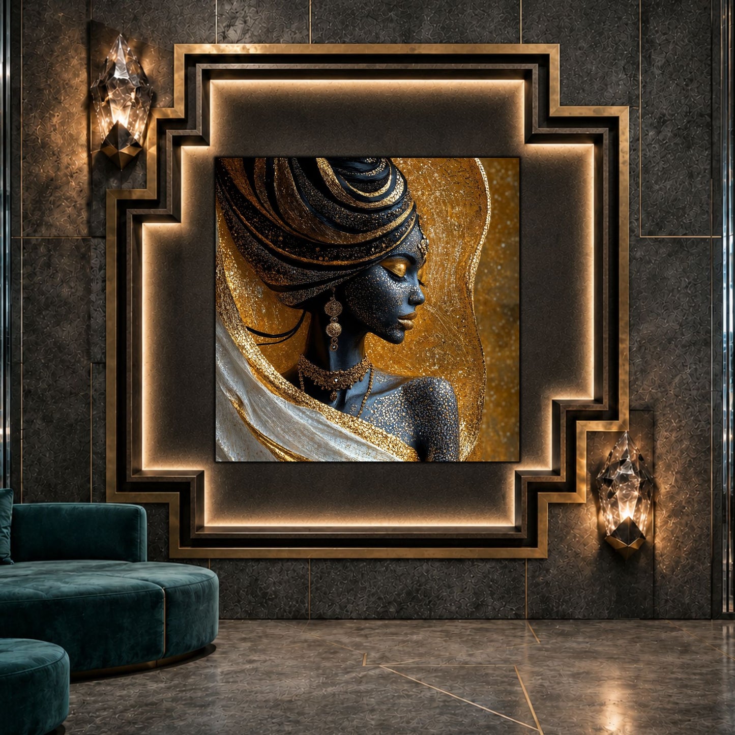 Tablou living Amber Veil ca punct focal într-un decor contemporan.