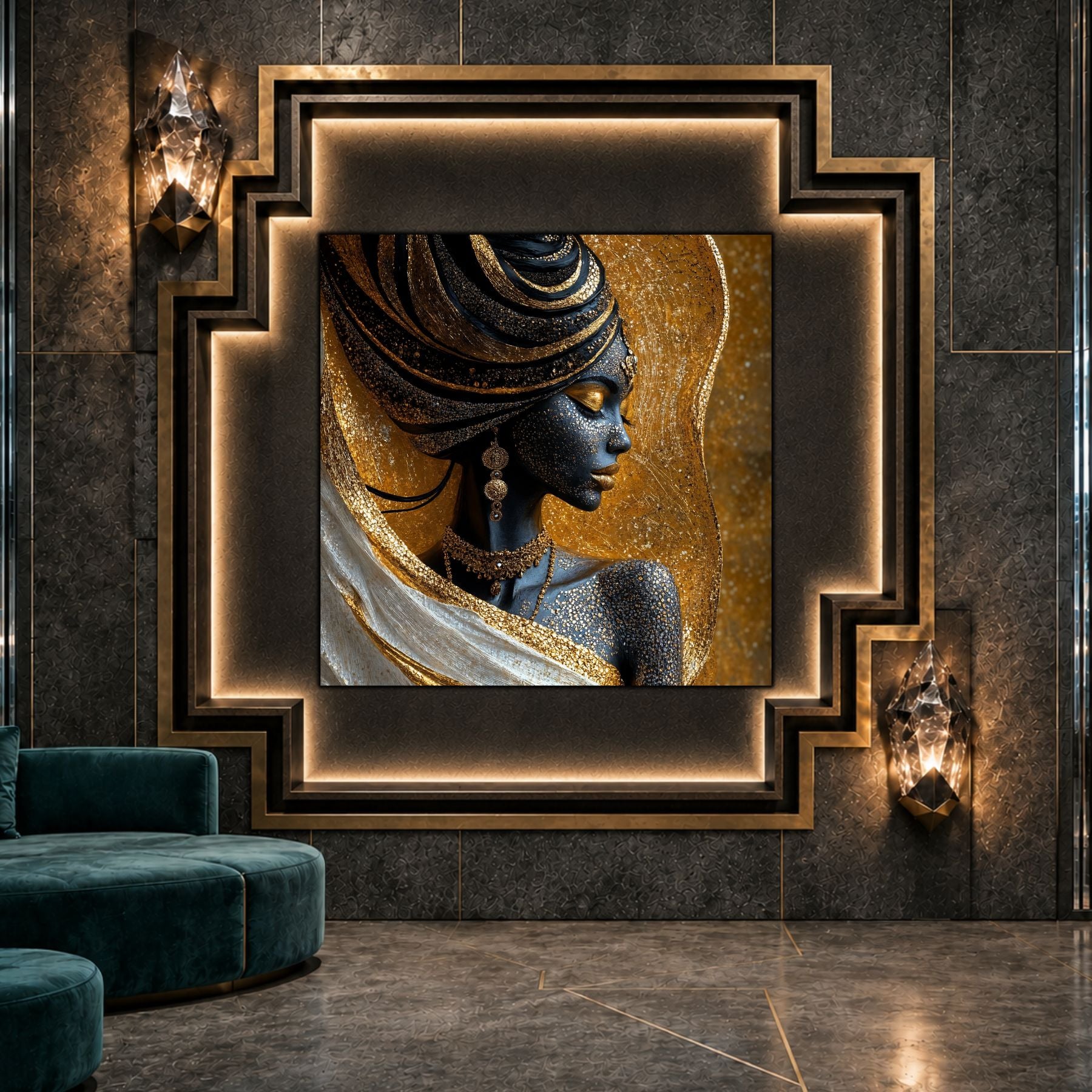 Tablou living Amber Veil ca punct focal într-un decor contemporan.