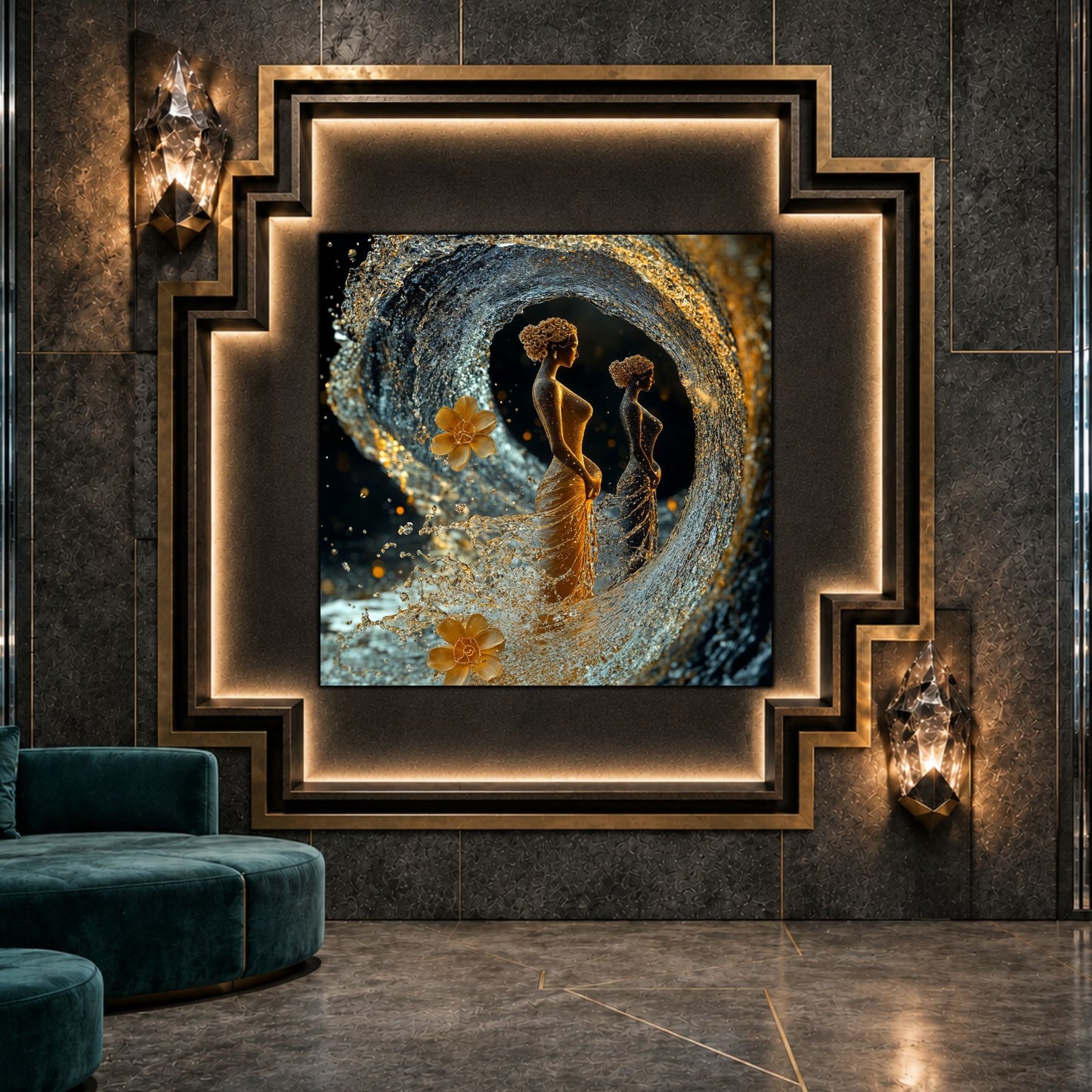 Tablou dormitor Shared Current ca punct focal într-un decor contemporan.