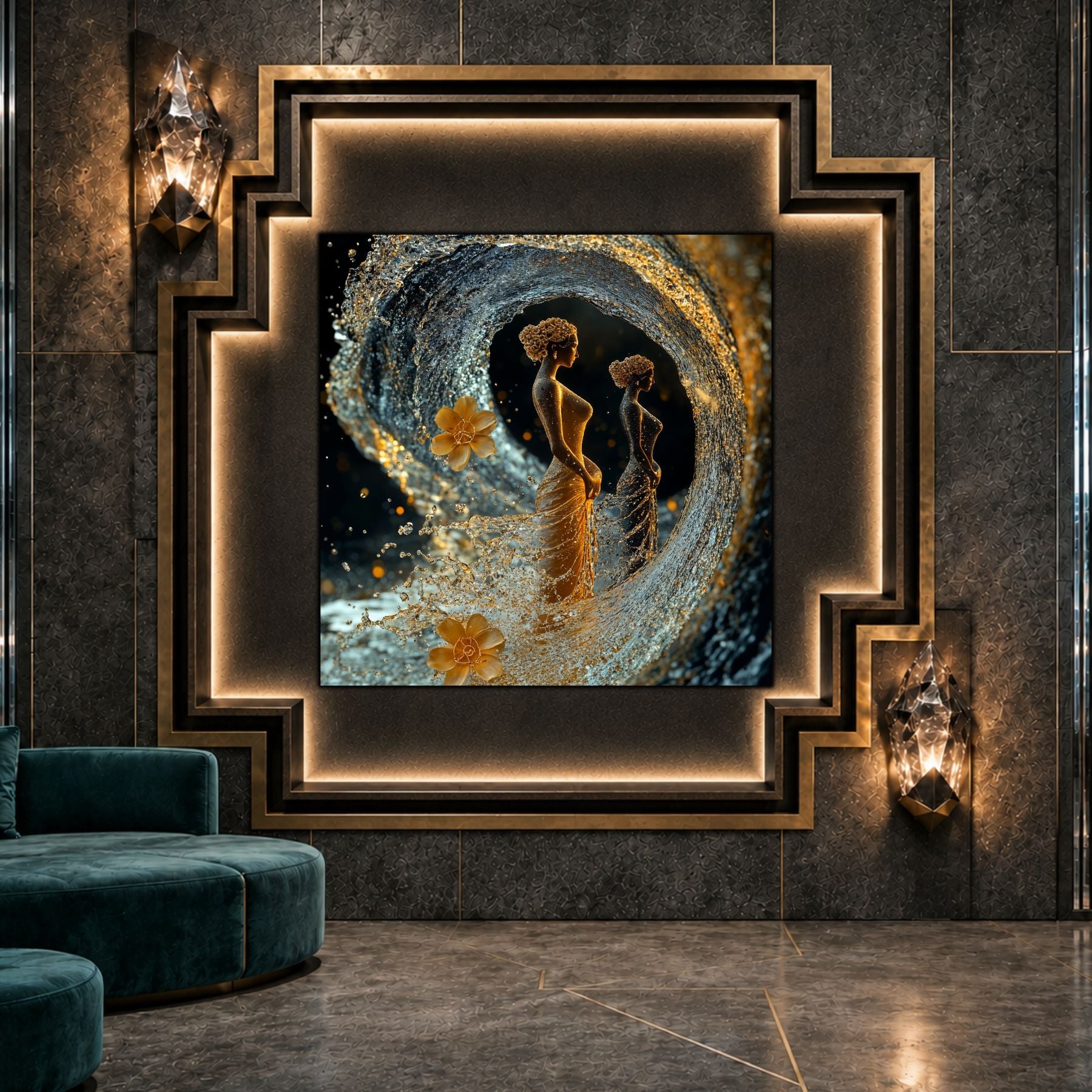 Tablou dormitor Shared Current ca punct focal într-un decor contemporan.