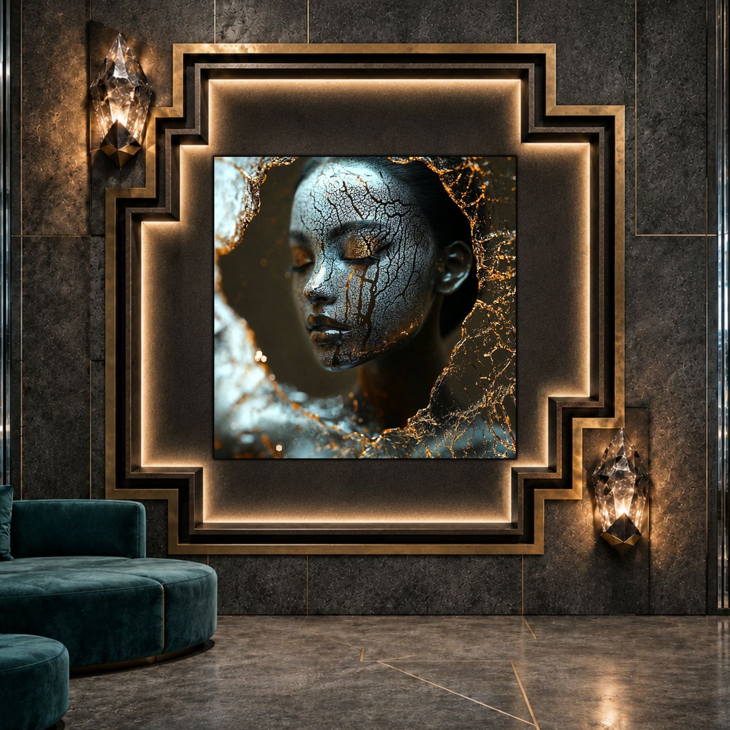 Tablou sticlă Golden Fracture ca punct focal într-un decor contemporan.
