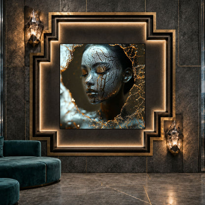 Tablou sticlă Golden Fracture ca punct focal într-un decor contemporan.