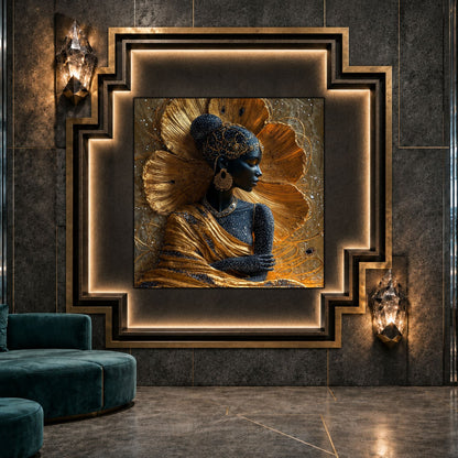 Tablou living Golden Contour ca punct focal într-un decor contemporan.