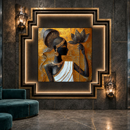 Tablou living Lotus Current ca punct focal într-un decor contemporan.