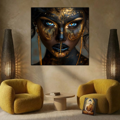 Tablou dormitor zen Golden Veil sticla securizata 4mm - mockup perspectiva 3