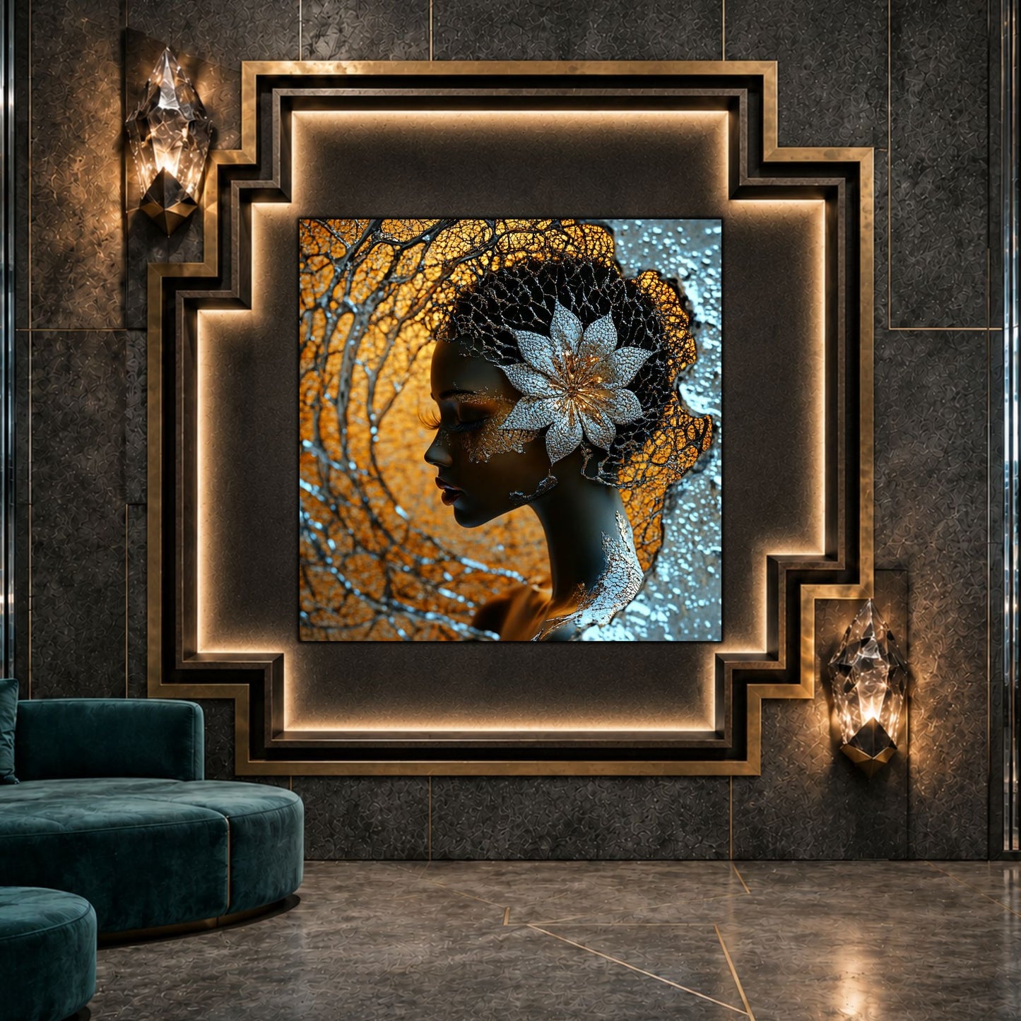 Tablou dormitor Luminous Roots ca punct focal într-un decor contemporan.