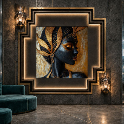 Tablou living Gilded Profile ca punct focal într-un decor contemporan.