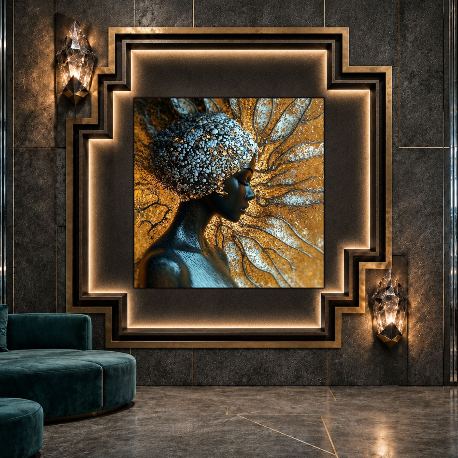 Tablou living Aurea Roots ca punct focal într-un decor contemporan.