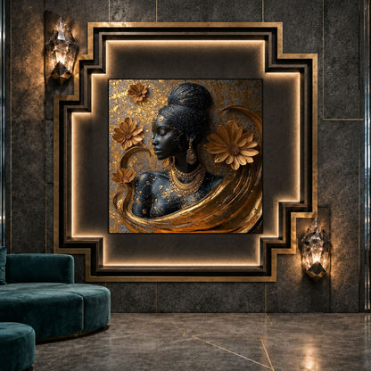 Tablou sticlă Ancestral Bloom ca punct focal într-un decor contemporan.