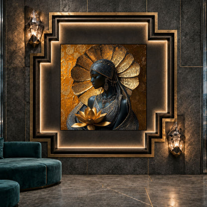 Tablou sticlă Lotus Guardian ca punct focal într-un decor contemporan.