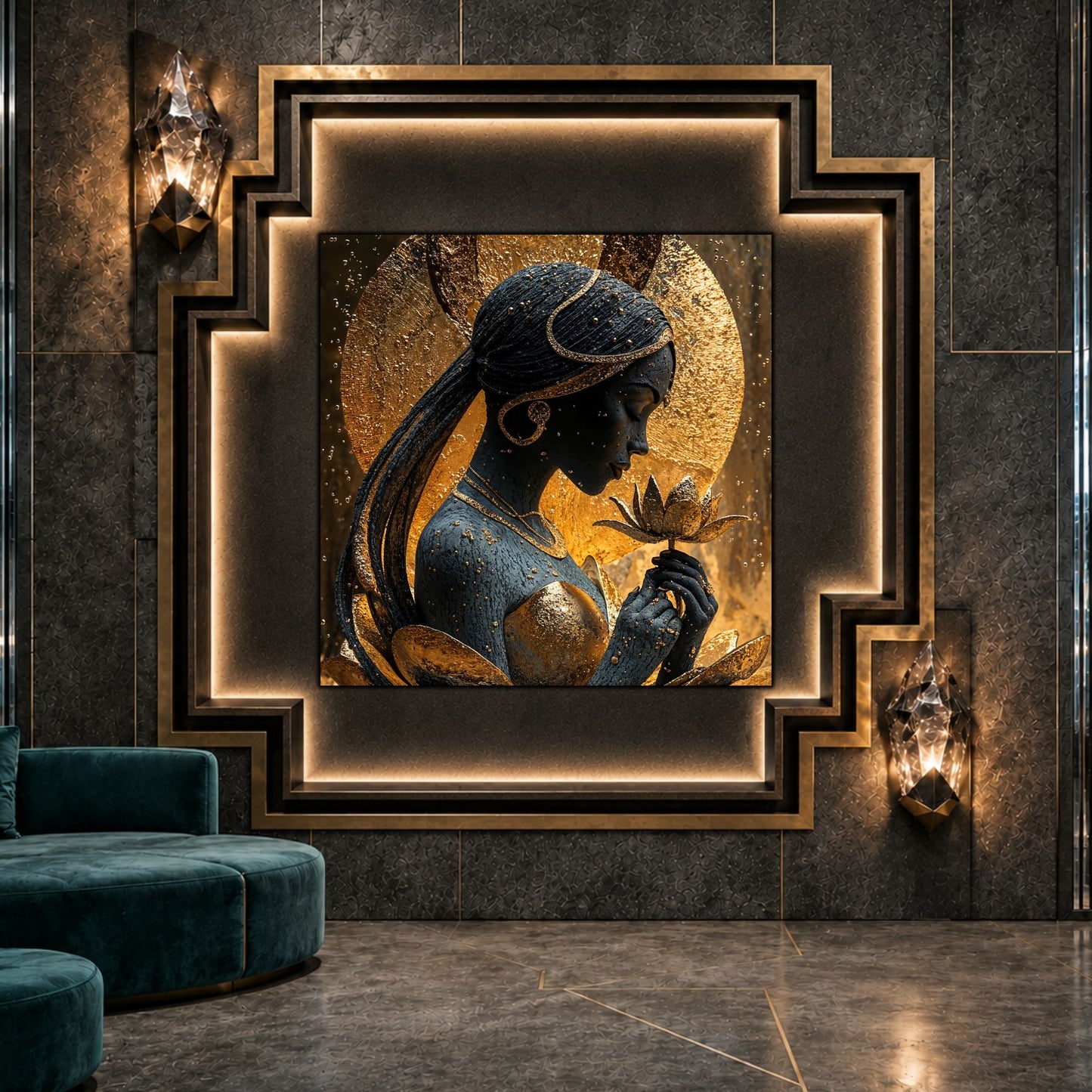 Tablou living Silent Lotus ca punct focal într-un decor contemporan.