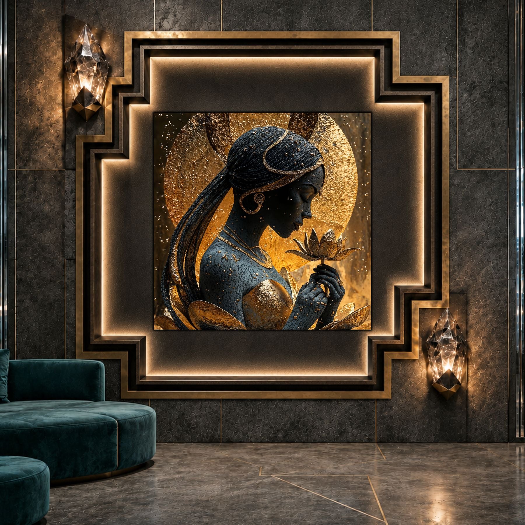 Tablou living Silent Lotus ca punct focal într-un decor contemporan.