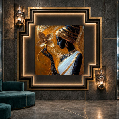 Tablou sticlă Amber Prayer ca punct focal într-un decor contemporan.