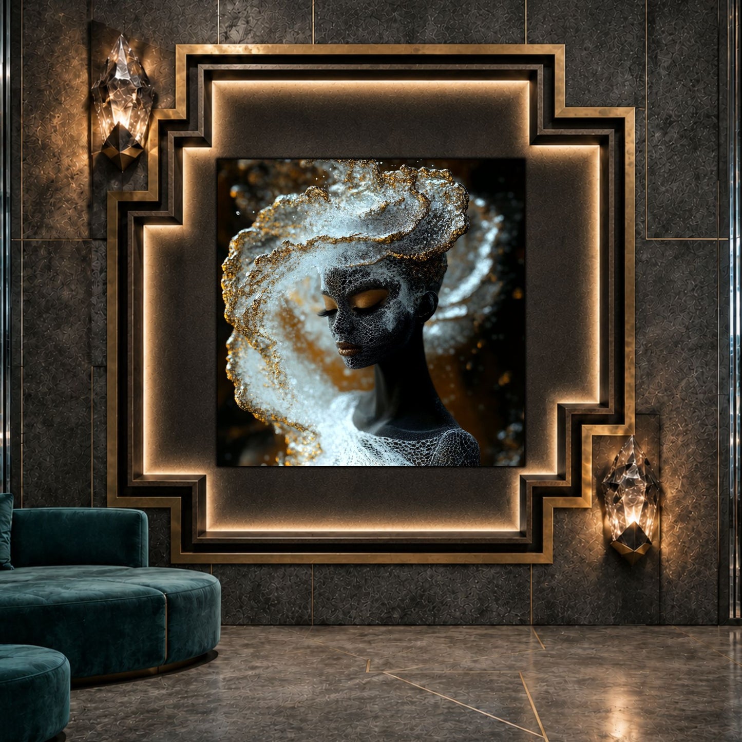 Tablou dormitor Frosted Crown ca punct focal într-un decor contemporan.