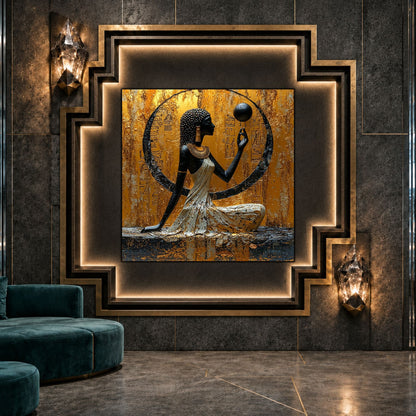 Tablou living Solar Ritual ca punct focal într-un decor contemporan.