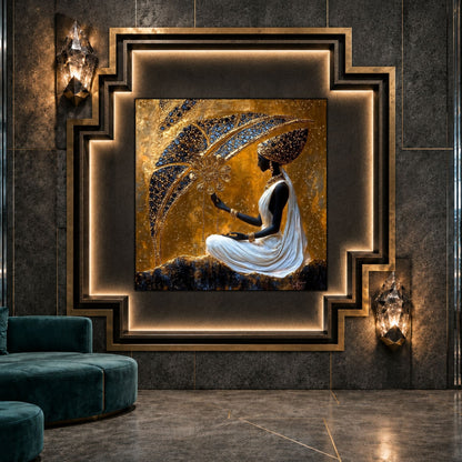 Tablou dormitor Water of Gold ca punct focal într-un decor contemporan.