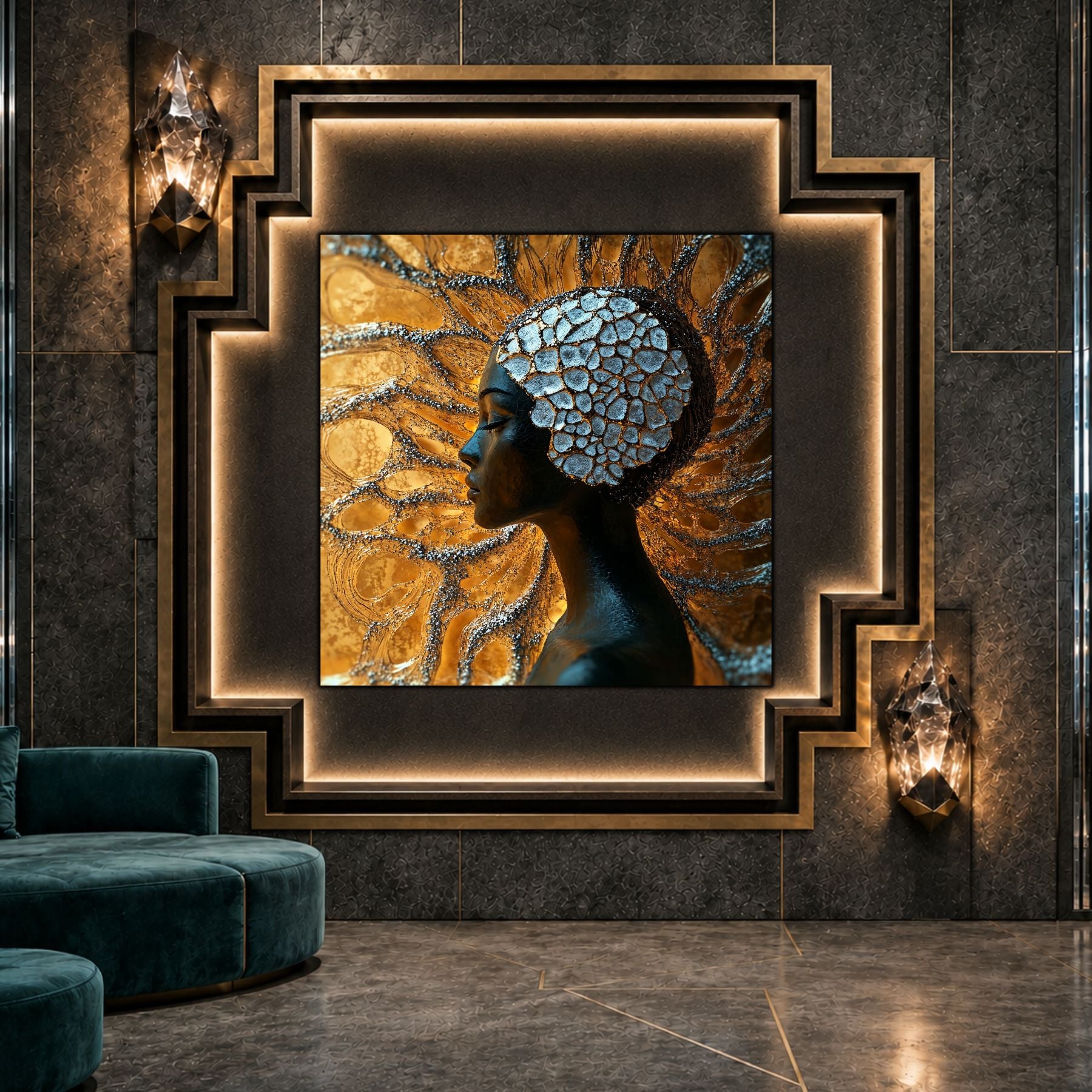 Tablou sticlă Golden Mosaic ca punct focal într-un decor contemporan.