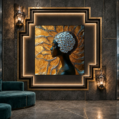 Tablou sticlă Golden Mosaic ca punct focal într-un decor contemporan.