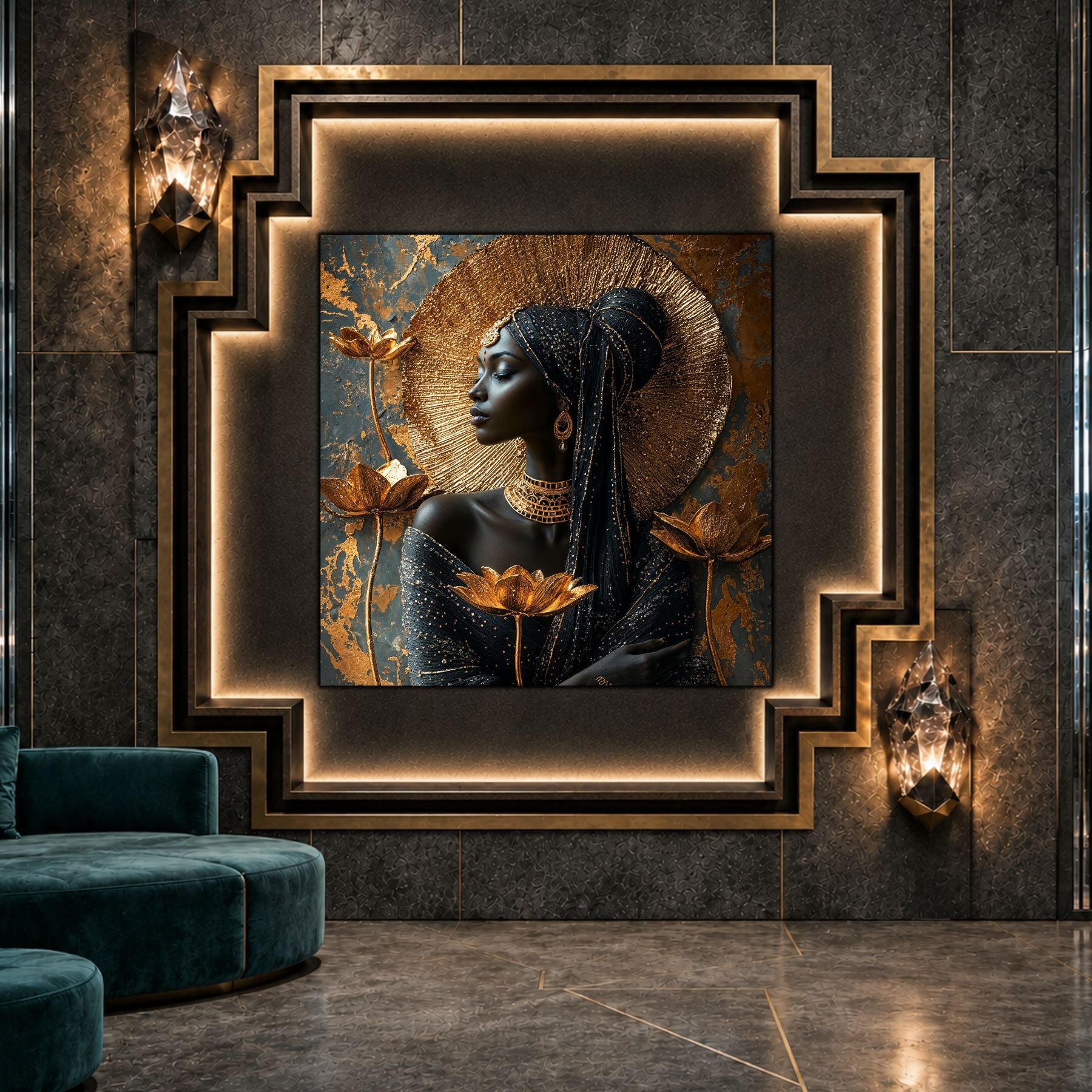 Tablou sticlă Solar Grace ca punct focal într-un decor contemporan.