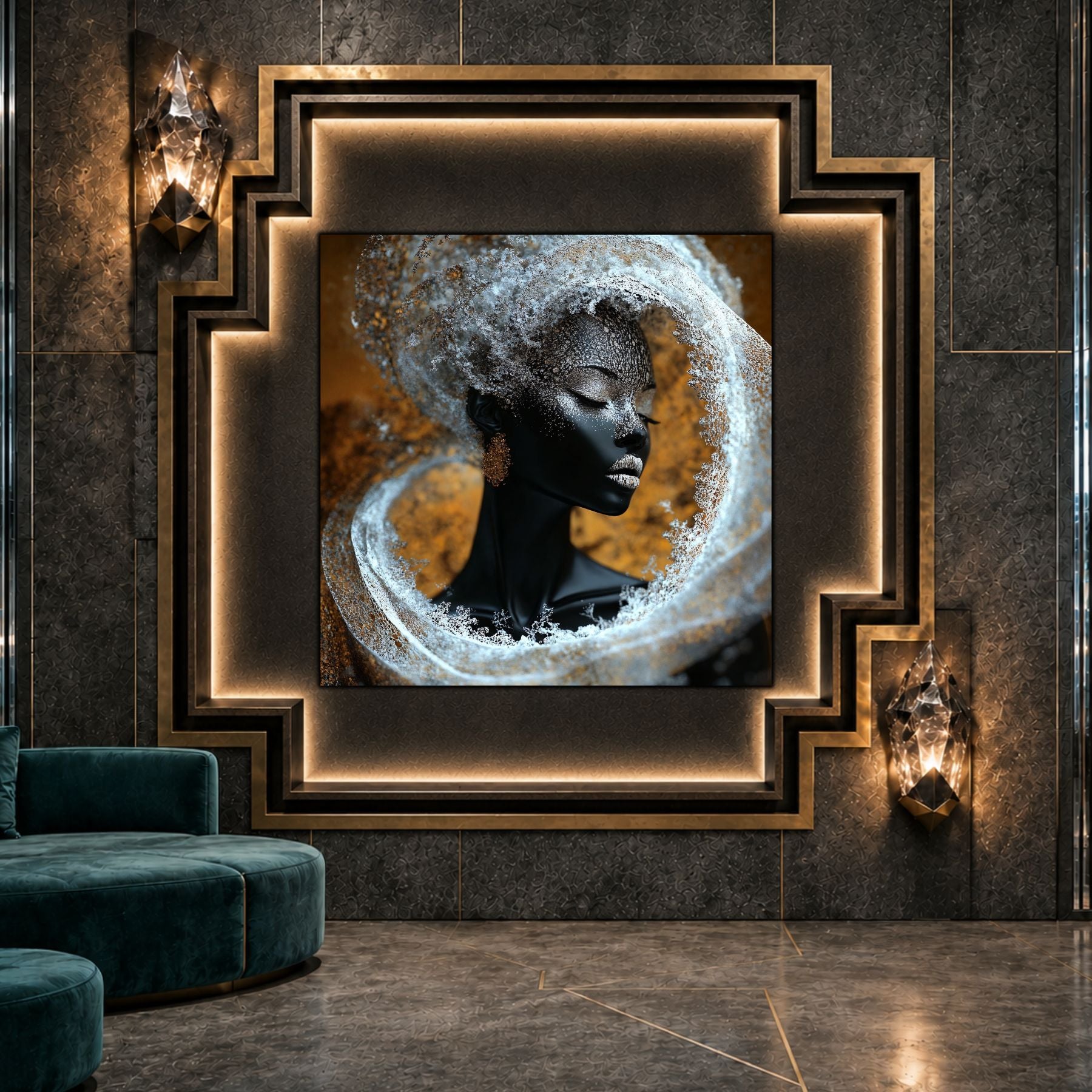 Tablou dormitor Silver Silence ca punct focal într-un decor contemporan.