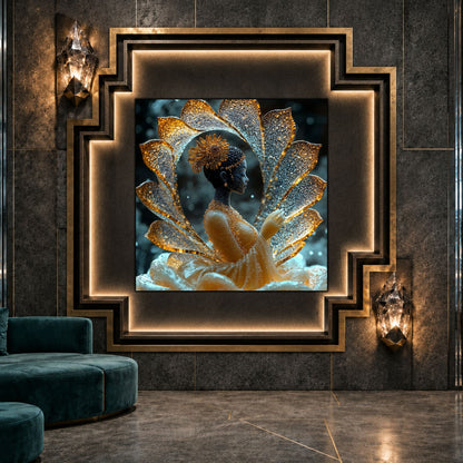Tablou dormitor Lotus Vessel ca punct focal într-un decor contemporan.