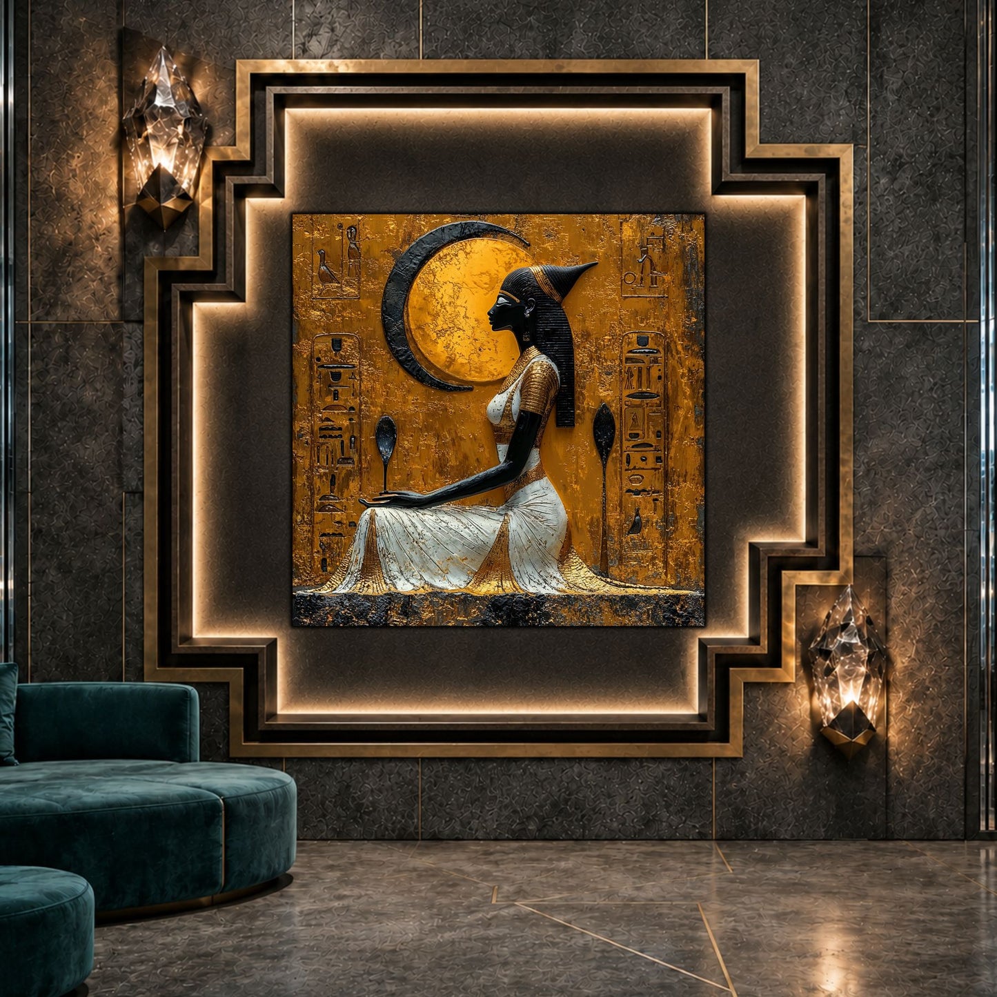 Tablou dormitor Moon Offering ca punct focal într-un decor contemporan.