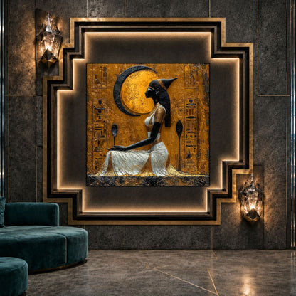 Tablou dormitor Moon Offering ca punct focal într-un decor contemporan.